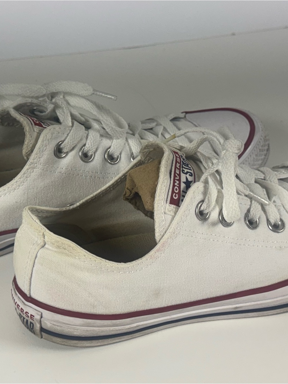 Converse White Canvas Low Tops with Burgundy Trim - Picture 3 of 9